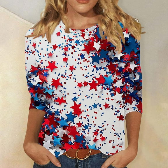 Cavosen Patriotic Tops for Women Petite Independence Day 3/4 Sleeve Crew Neck T Shirts American Flag Graphic Shirts Lady XL 4th of July Casual Shirts Red White and Blue Tunic Tees Patriotic Clothes