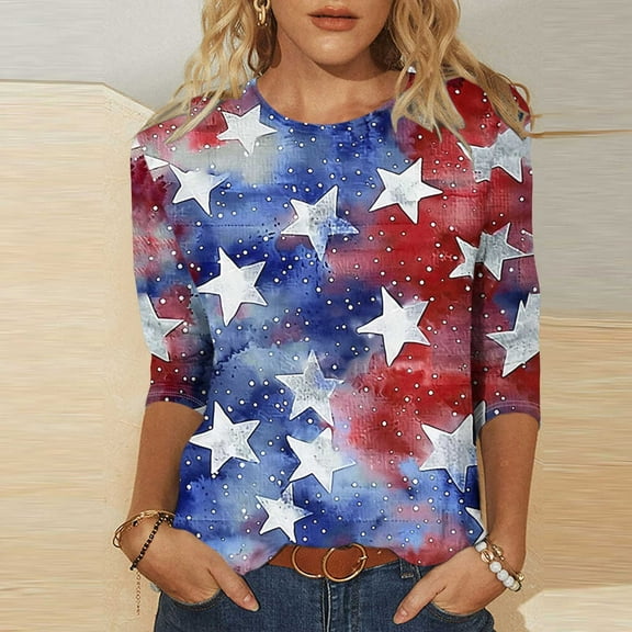 Cavosen Patriotic Tops for Women Petite Independence Day 3/4 Sleeve Crew Neck T Shirts USA Flag Graphic Tops Lady S 4th of July Casual T Shirts Red White and Blue Tunic Tees 2025 Patriotic Blouses