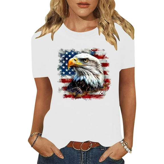 Cavosen Patriotic Tops for Women Petite Independence Day Short Sleeve Round Neck T Shirts American Flag Graphic Tops Lady L 4th of July Casual T Shirts Red White and Blue Tunic Tees Patriotic Blouses