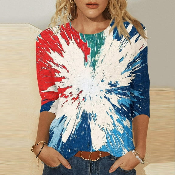 Cavosen Patriotic Tops for Women Petite Patriotic 3/4 Sleeve Crewneck Shirts USA Star Striped Print Shirts Lady S Independence Day Casual Tops Funny 4th of July Tunic Tees 2025 Patriotic Blouses