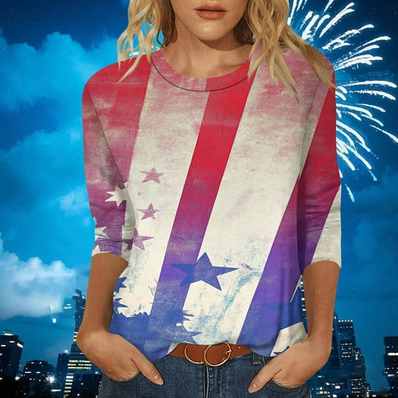 Cavosen Patriotic Tops for Women Petite Patriotic 3/4 Sleeve Round Neck Tops American Flag Print T Shirts Lady L Independence Day Casual Tops Funny 4th of July Tunic Tees 2025 Patriotic Clothes