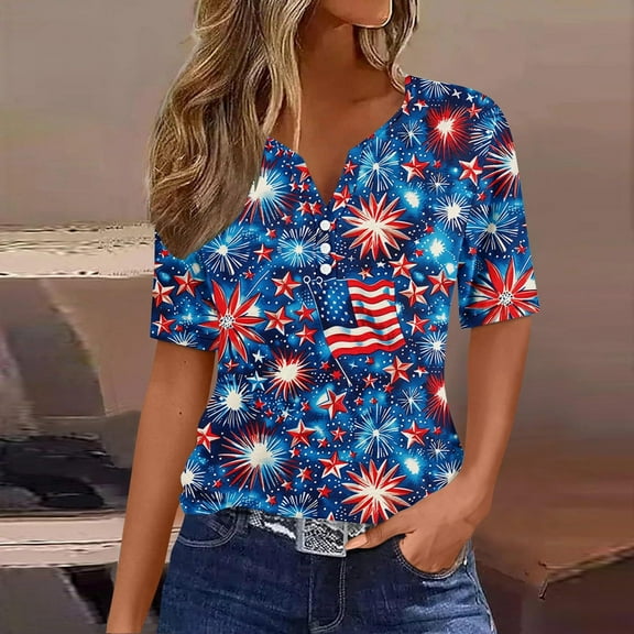 Cavosen Patriotic Tops for Women Petite Red White and Blue Short Sleeve V Neck Shirts USA Star Striped Graphic Tops Lady L Patriotic Casual T Shirts Independence Day Tunic Tees Patriotic Outfits