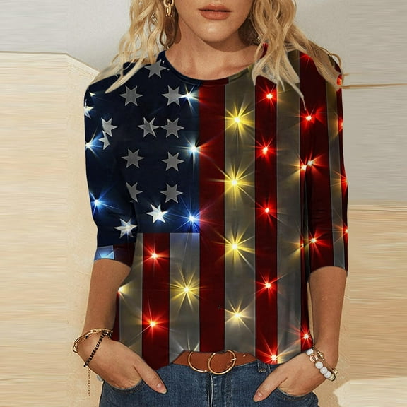 Cavosen Patriotic Tops for Women Plus Size 4th of July 3/4 Sleeve Round Neck Shirts American Flag Print Shirts Lady 2X Red White and Blue Casual Tops Funny Patriotic Tunic Tees 2025 Patriotic Blouses