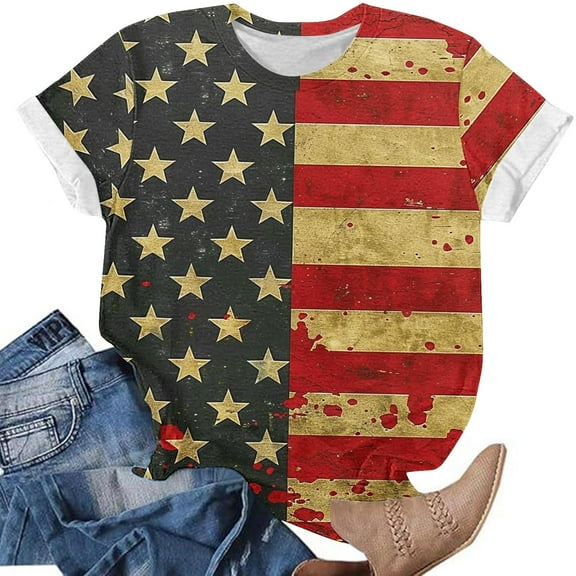 Cavosen Patriotic Tops for Women Plus Size Independence Day Short Sleeve Crewneck Shirts American Flag Graphic Tops Lady 3X 4th of July Casual T Shirts Red White and Blue Tunic Tees Patriotic Outfits