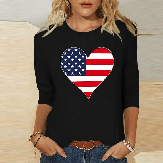 Cavosen Patriotic Tops for Women Plus Size Patriotic 3/4 Sleeve Crewneck Shirts USA Flag Print Shirts Lady 2X Independence Day Casual Tops Funny 4th of July Tunic Tees 2025 Summer Patriotic Blouses
