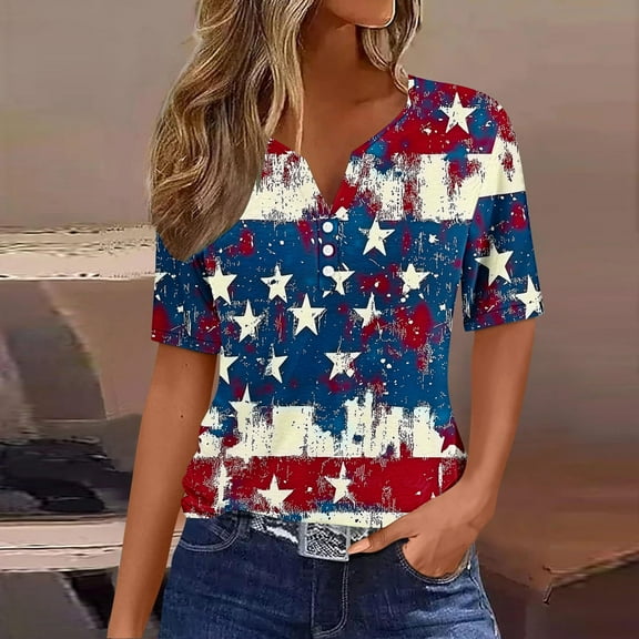 Cavosen Patriotic Tops for Women Plus Size Red White and Blue Short Sleeve V Neck T Shirts USA Flag Graphic Shirts Lady 2X Patriotic Casual Shirts Independence Day Tunic Tees 2025 Patriotic Clothes