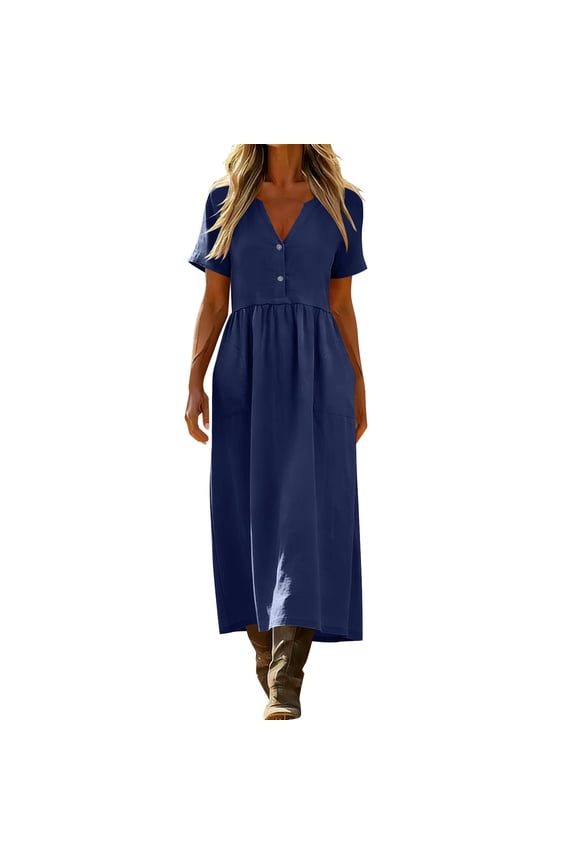 Petite Dresses for Women Linen Short Sleeve Crewneck Dress Ladies Maxi Dress Solid Loose Dress with Pocket