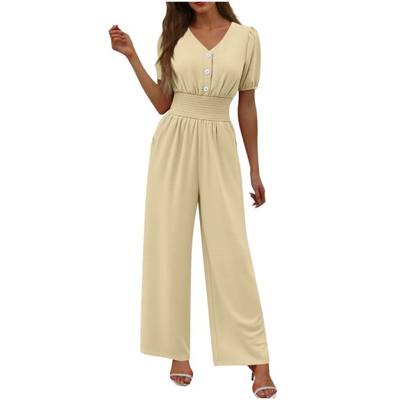 Cavosen Jumpsuits for Women Loose V Neck Short Sleeve Jumpsuits Button Wide Leg Long Overalls Solid Summer Trendy Rompers