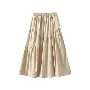 Cavosen Pleated Skirts for Women Midi High Waisted Solid Color A-Line Skirts Casual Skirts Lightweight Flowy Stylish Ankle Length Skirts Work Comfort Fall Winter Clothes Beige