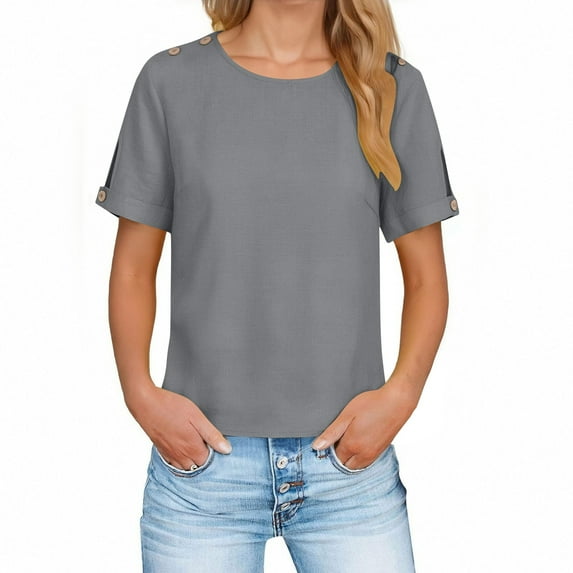 Cavosen Plus Size Blouses Linen Button Down Crew Neck Cut Out Cuff ...