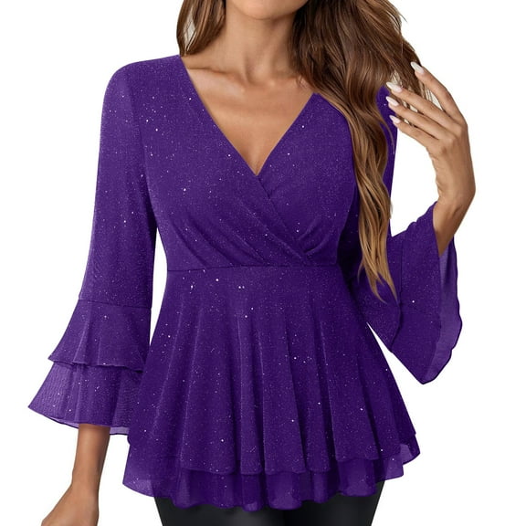 Cavosen Plus Size Blouses for Women Sequin Glitter Party Ruffle 3/4 Sleeve Dressy Tops Flowy Shirt Fall Trendy Tops