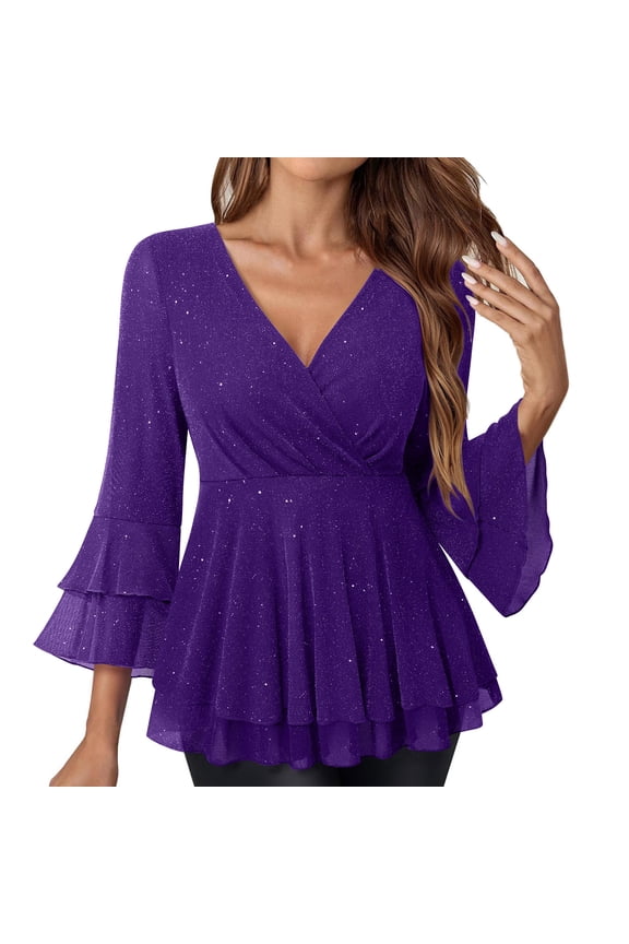 Plus Size Blouses for Women Sequin Glitter Party Ruffle 3/4 Sleeve Dressy Tops Flowy Shirt Fall Trendy Tops