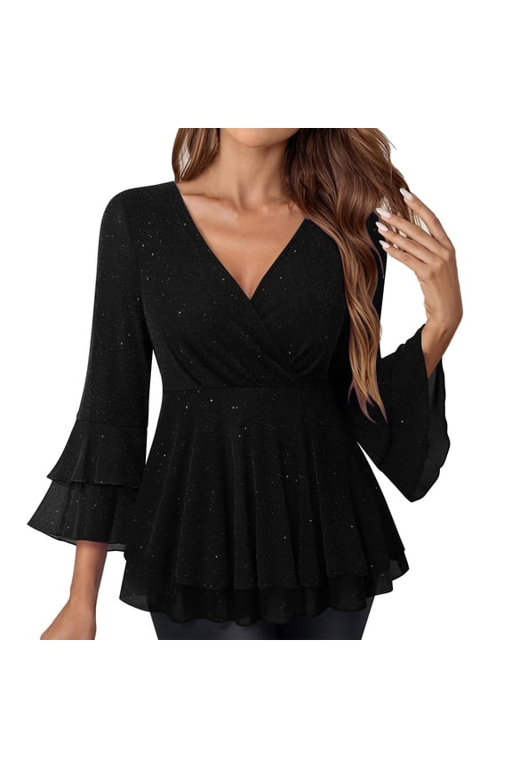 Plus Size Blouses for Women Sequin Glitter Party Ruffle 3/4 Sleeve Dressy Tops Flowy Shirt Fall Trendy Tops