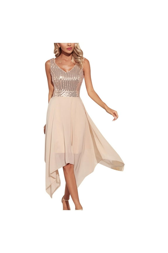 Plus Size Dresses V Neck Sleeveless Midi Evening Gowns Sequins Solid Ball Dress Chiffon Elegant Wedding Guest Cocktail Party Dress