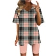 thumbnail image 1 of Cavosen Plus Size Outfits for Women Two Piece Summer Shorts Sets Short Sleeve V Neck Pullover Tops with Legging Plaid Print Biker Beach Outfit Loose Trendy Seamless Resortwear Pink S, 1 of 5
