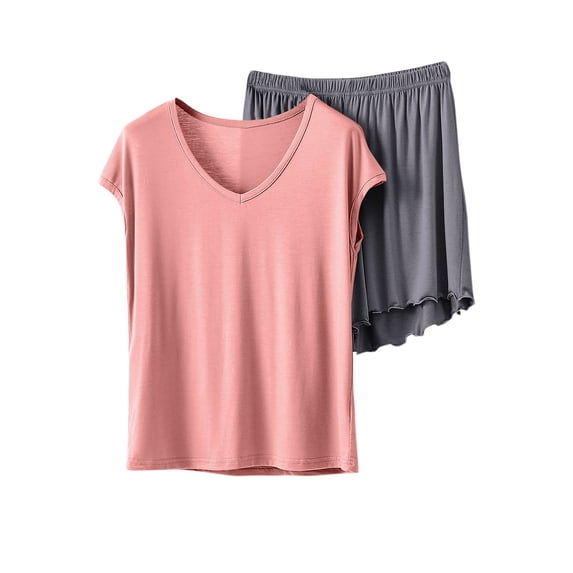 Cavosen Plus Size Sets for Women 2 Piece Short Sleeves Crew Neck Cozy Pajama Set Lightweight Loungewear Solid Trendy Sleepwear