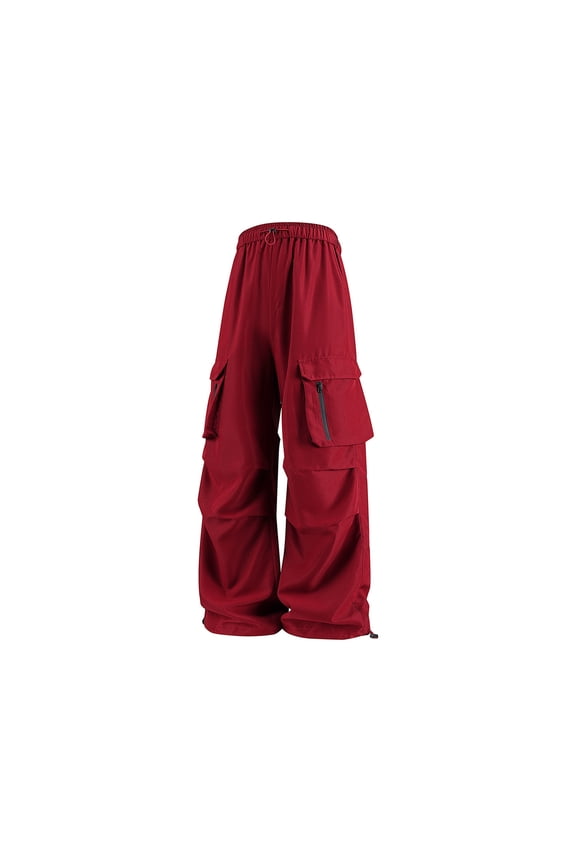Plus Size Work Pants Trousers Solid Lightweight Drawstring Elastic Waist Bottom Versatile Pants with Pocket Red XL