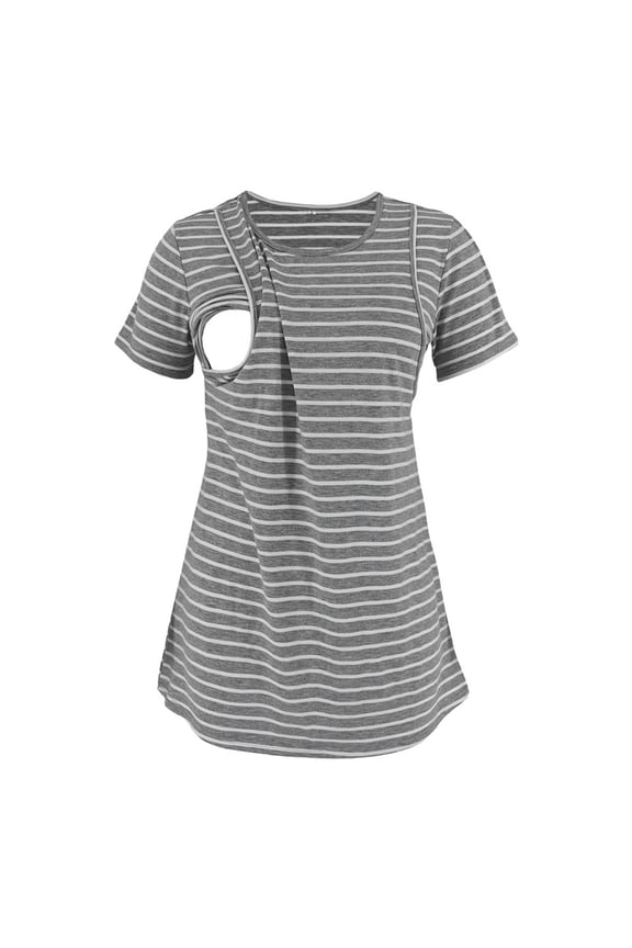 Pregnancy Tops for Moms Over Belly Double Laye Short Sleeve Maternity Shirt Crewneck Breastfeeding Soft Blouses Stripe A Line Tunic Postpartum Trendy Clothes