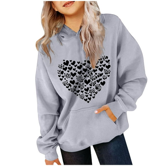 Cavosen Preppy Sweatshirts for Kids Girls Boys Toddler to Big Kids Long Sleeve Hooded Pullover Sweatshirts Heart Print Hoodies Trendy Sweatshirts Tops with Pocket Gray 5T