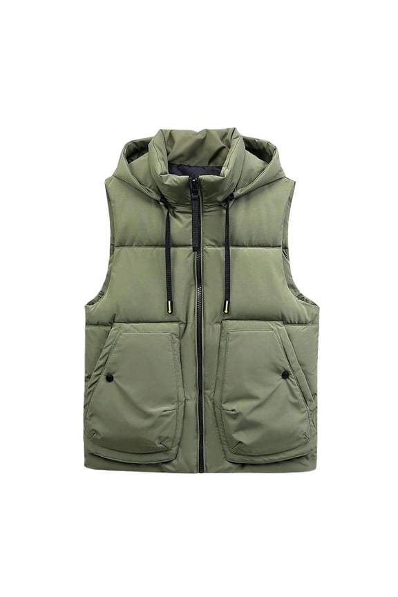 Puffer Vest Men Windproof Sleeveless Stand Collar Outerwear Jacket Zipper Thermal Packable Hood Coat Winter Travel Tops with Pocket