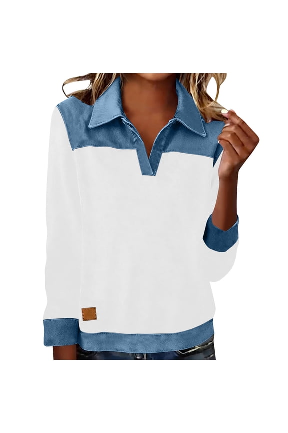 Pullover Sweaters for Women Denim V Neck Patchwork Sweatshirt Long Sleeve Solid Soft Loose Shirt Workout Tops White S