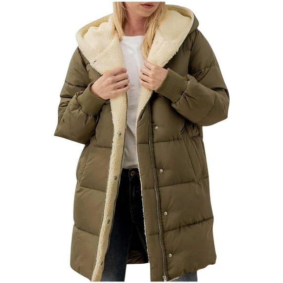 Cavosen Quilted Puffer Jackets for Women Green Warm Long Zipper Button Long Sleeve Winter Coats with Hoodie Solid Color Jacket with Pocket Lightweight Comfortable Overcoat