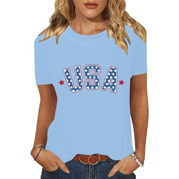 Cavosen Red White and Blue Clothes for Women Petite 4th of July Short Sleeve Crew Neck Tops USA Star Striped Print T Shirts Lady XL Red White and Blue Casual Tops Patriotic Tunic Tees