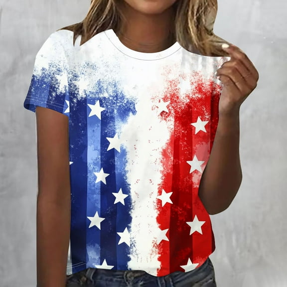 Cavosen Red White and Blue Clothes for Women Petite 4th of July Short Sleeve Crewneck Shirts USA Star Striped Print Shirts Lady S Red White and Blue Casual Tops Patriotic Tunic Tees Patriotic Blouses