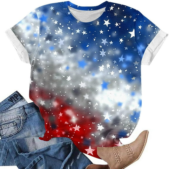 Cavosen Red White and Blue Clothes for Women Petite 4th of July Short Sleeve Round Neck Shirts American Flag Print Shirts Lady XL Red White and Blue Casual Tops Patriotic Tunic Tees Patriotic Blouses
