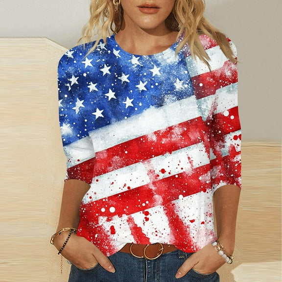 Cavosen Red White and Blue Clothes for Women Petite Independence Day 3/4 Sleeve Crew Neck T Shirts USA Star Striped Graphic Shirts Lady XL 4th of July Casual Shirts Red White and Blue Tunic Tees