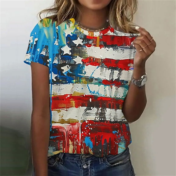 Cavosen Red White and Blue Clothes for Women Petite Independence Day Short Sleeve Crewneck Shirts USA Star Striped Graphic Tops Lady S 4th of July Casual T Shirts Red White and Blue Tunic Tees