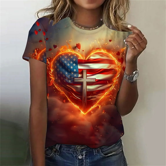 Cavosen Red White and Blue Clothes for Women Petite Independence Day Short Sleeve Round Neck T Shirts American Flag Graphic Tops Lady XL 4th of July Casual T Shirts Red White and Blue Tunic Tees