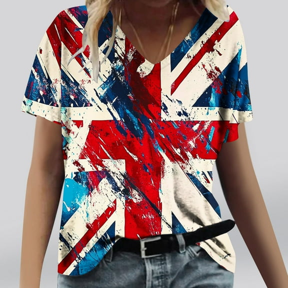Cavosen Red White and Blue Clothes for Women Petite Independence Day Short Sleeve V Neck Shirts USA Star Striped Graphic Tops Lady XL 4th of July Casual T Shirts Red White and Blue Tunic Tees