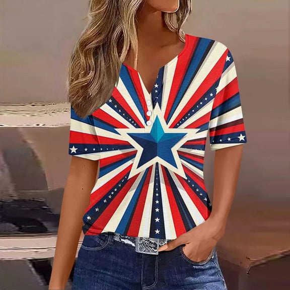 Cavosen Red White and Blue Clothes for Women Petite Independence Day Short Sleeve V-Neck T Shirts American Flag Graphic Tops Lady XL 4th of July Casual T Shirts Red White and Blue Tunic Tees