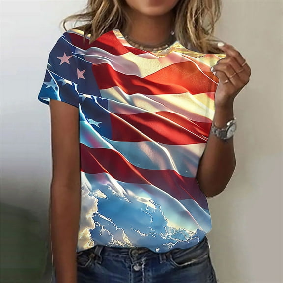 Cavosen Red White and Blue Clothes for Women Petite Patriotic Short Sleeve Crewneck Tops USA Star Striped Print T Shirts Lady XL Independence Day Casual Shirts 4th of July Tunic Tees