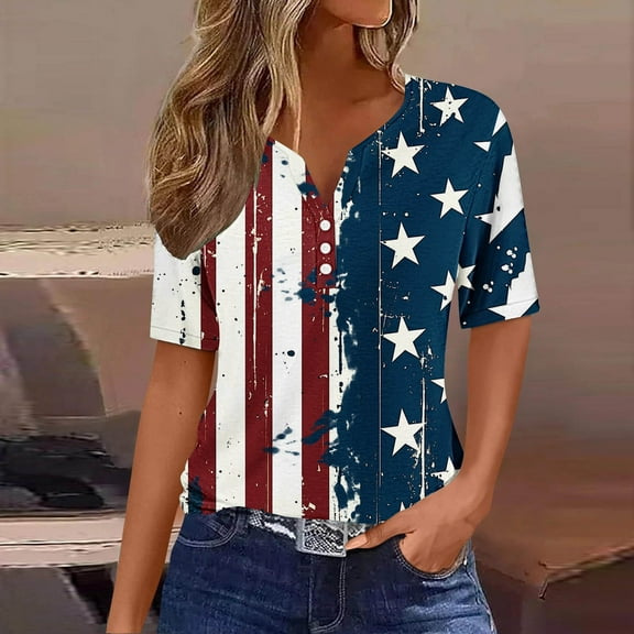 Cavosen Red White and Blue Clothes for Women Petite Patriotic Short Sleeve V-Neck Tops American Flag Print T Shirts Lady XL Independence Day Casual Tops 4th of July Tunic Tees Patriotic Clothes