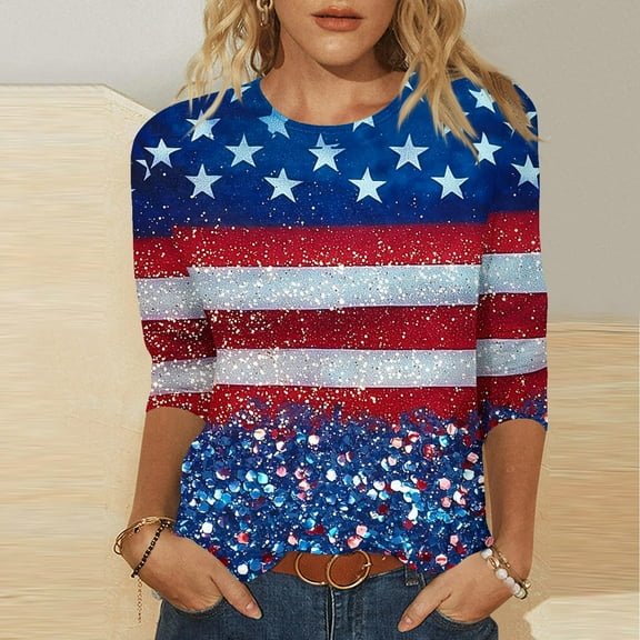 Cavosen Red White and Blue Clothes for Women Petite Red White and Blue 3/4 Sleeve Crew Neck T Shirts USA Flag Graphic Shirts Lady M Patriotic Casual Shirts Independence Day Tunic Tees