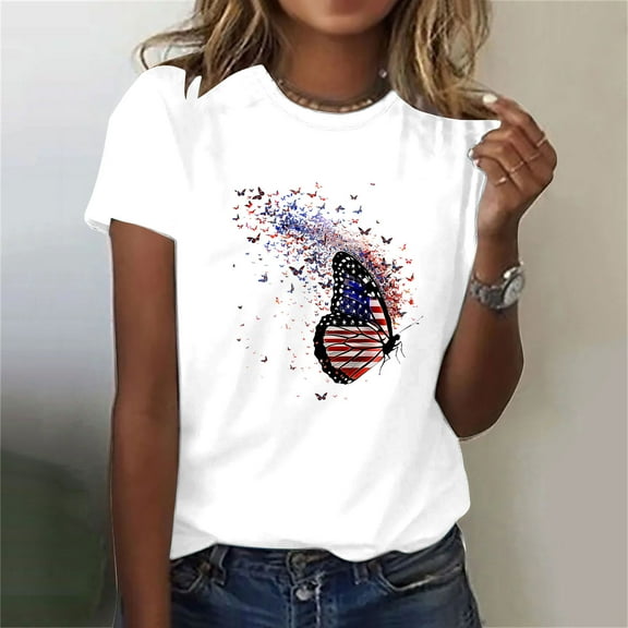 Cavosen Red White and Blue Clothes for Women Petite Red White and Blue Short Sleeve Crewneck Shirts USA Flag Graphic Tops Lady M Patriotic Casual T Shirts Independence Day Tunic Tees
