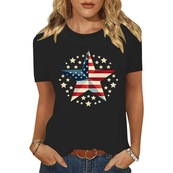 Cavosen Red White and Blue Clothes for Women Petite Red White and Blue Short Sleeve Round Neck T Shirts USA Star Striped Graphic Tops Lady L Patriotic Casual T Shirts Independence Day Tunic Tees