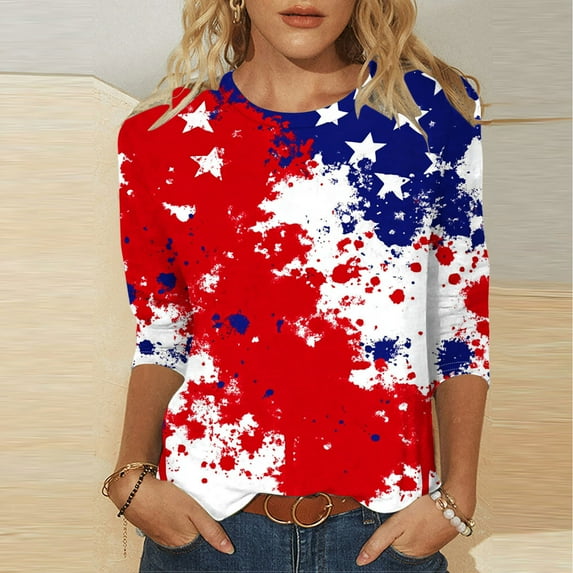 Cavosen Red White and Blue Clothes for Women Plus Size 4th of July 3/4 Sleeve Crew Neck Tops USA Flag Print T Shirts Lady 2X Red White and Blue Casual Shirts Patriotic Tunic Tees Patriotic Outfits