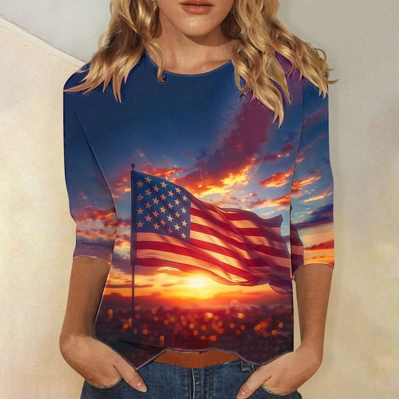 Cavosen Red White and Blue Clothes for Women Plus Size Patriotic 3/4 Sleeve Crewneck Tops American Flag Print T Shirts Lady 2X Independence Day Casual Shirts 4th of July Tunic Tees Patriotic Outfits