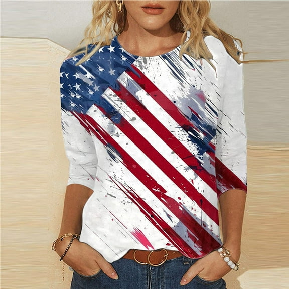 Cavosen Red White and Blue Clothes for Women Plus Size Red White and Blue 3/4 Sleeve Crewneck T Shirts USA Flag Graphic Tops Lady 3X Patriotic Casual T Shirts Independence Day Tunic Tees