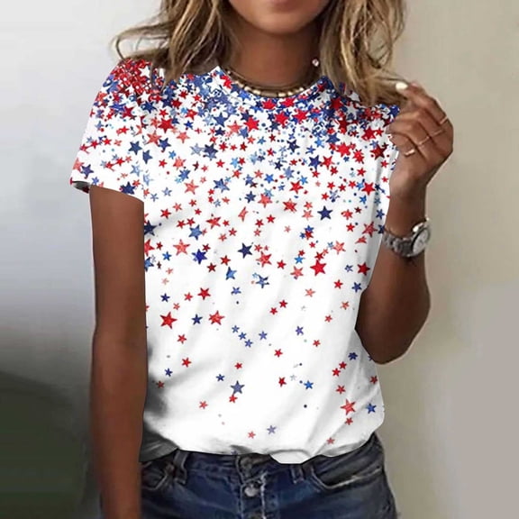 Cavosen Red White and Blue Shirts for Women Petite 4th of July Short Sleeve Crew Neck Tops USA Star Striped Print T Shirts Lady M Red White and Blue Casual Tops Patriotic Tunic Tees Patriotic Clothes