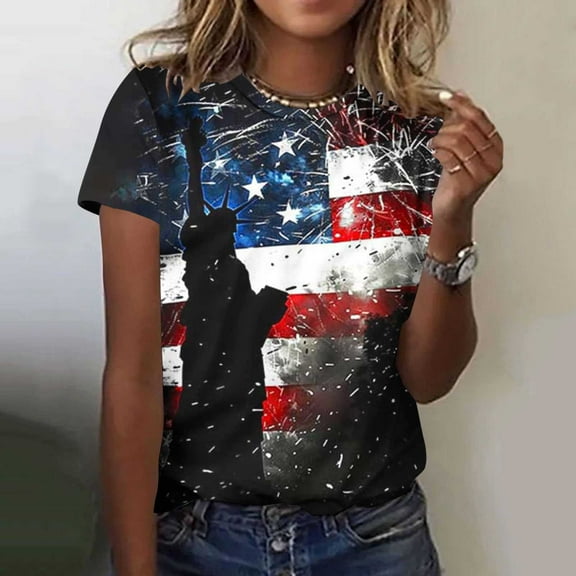 Cavosen Red White and Blue Shirts for Women Petite 4th of July Short Sleeve Round Neck Shirts American Flag Print Shirts Lady M Red White and Blue Casual Tops Patriotic Tunic Tees Patriotic Blouses
