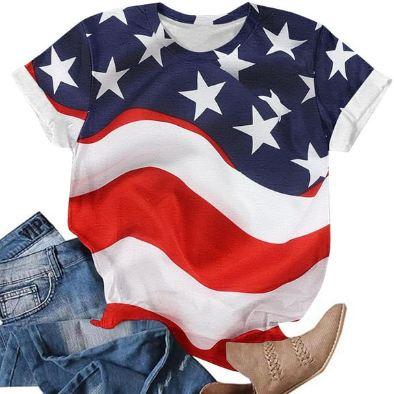 Cavosen Red White and Blue Shirts for Women Petite 4th of July Short Sleeve Round Neck Shirts USA Star Striped Print Shirts Lady XL Red White and Blue Casual Tops Patriotic Tunic Tees
