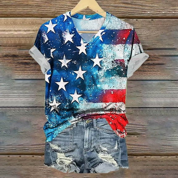 Cavosen Red White and Blue Shirts for Women Petite 4th of July Short Sleeve V-Neck Shirts American Flag Print Shirts Lady S Red White and Blue Casual Tops Patriotic Tunic Tees Patriotic Blouses