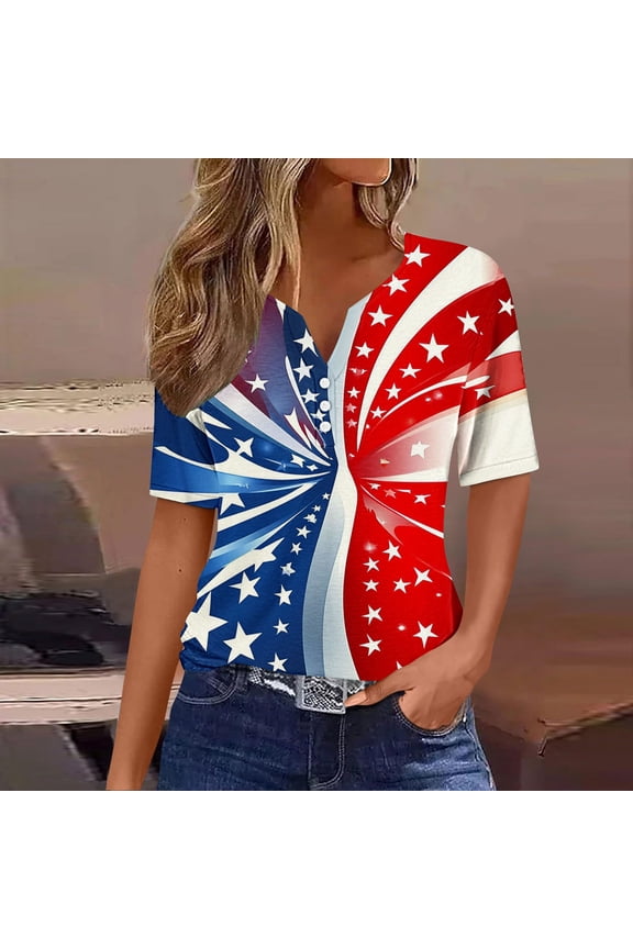 Red White and Blue Shirts for Women Petite 4th of July Short Sleeve V-Neck Tops American Flag Print T Shirts Lady S Red White and Blue Casual Tops Patriotic Tunic Tees Patriotic Clothes
