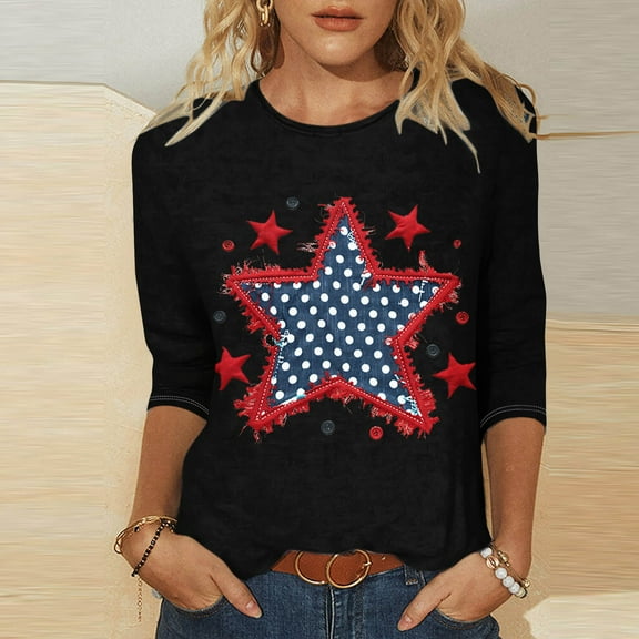 Cavosen Red White and Blue Shirts for Women Petite Independence Day 3/4 Sleeve Crew Neck T Shirts American Flag Graphic Tops Lady S 4th of July Casual T Shirts Red White and Blue Tunic Tees