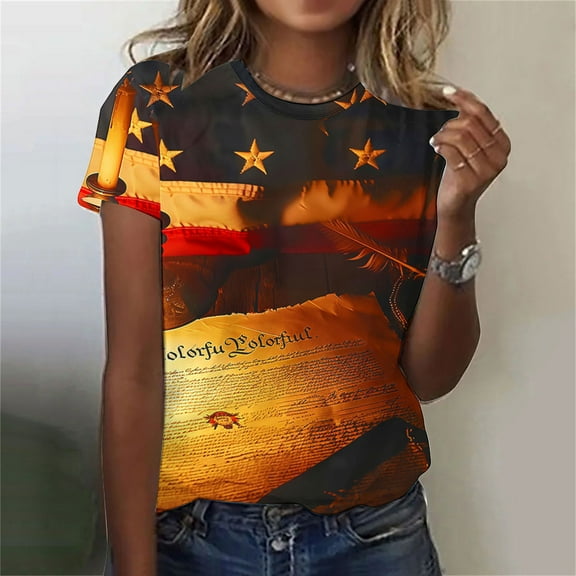 Cavosen Red White and Blue Shirts for Women Petite Independence Day Short Sleeve Round Neck T Shirts USA Star Striped Graphic Tops Lady XL 4th of July Casual T Shirts Red White and Blue Tunic Tees