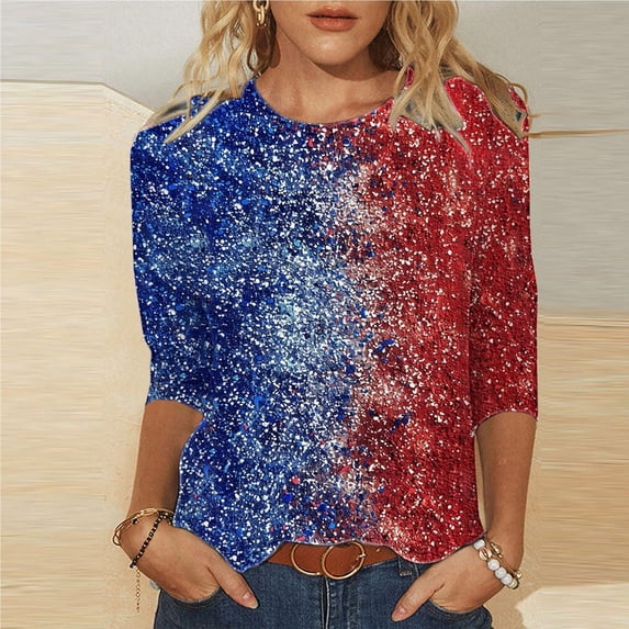 Cavosen Red White and Blue Shirts for Women Petite Patriotic 3/4 Sleeve Crewneck Shirts USA Star Striped Print Shirts Lady XL Independence Day Casual Tops 4th of July Tunic Tees Patriotic Blouses
